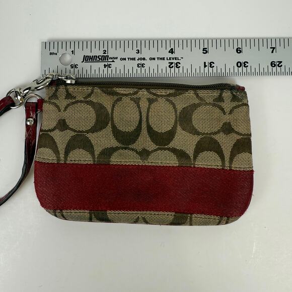 Coach Small Wristlet Signature Logo Tan Red Canvas Wrist Wallet Zipper - Picture 2 of 8